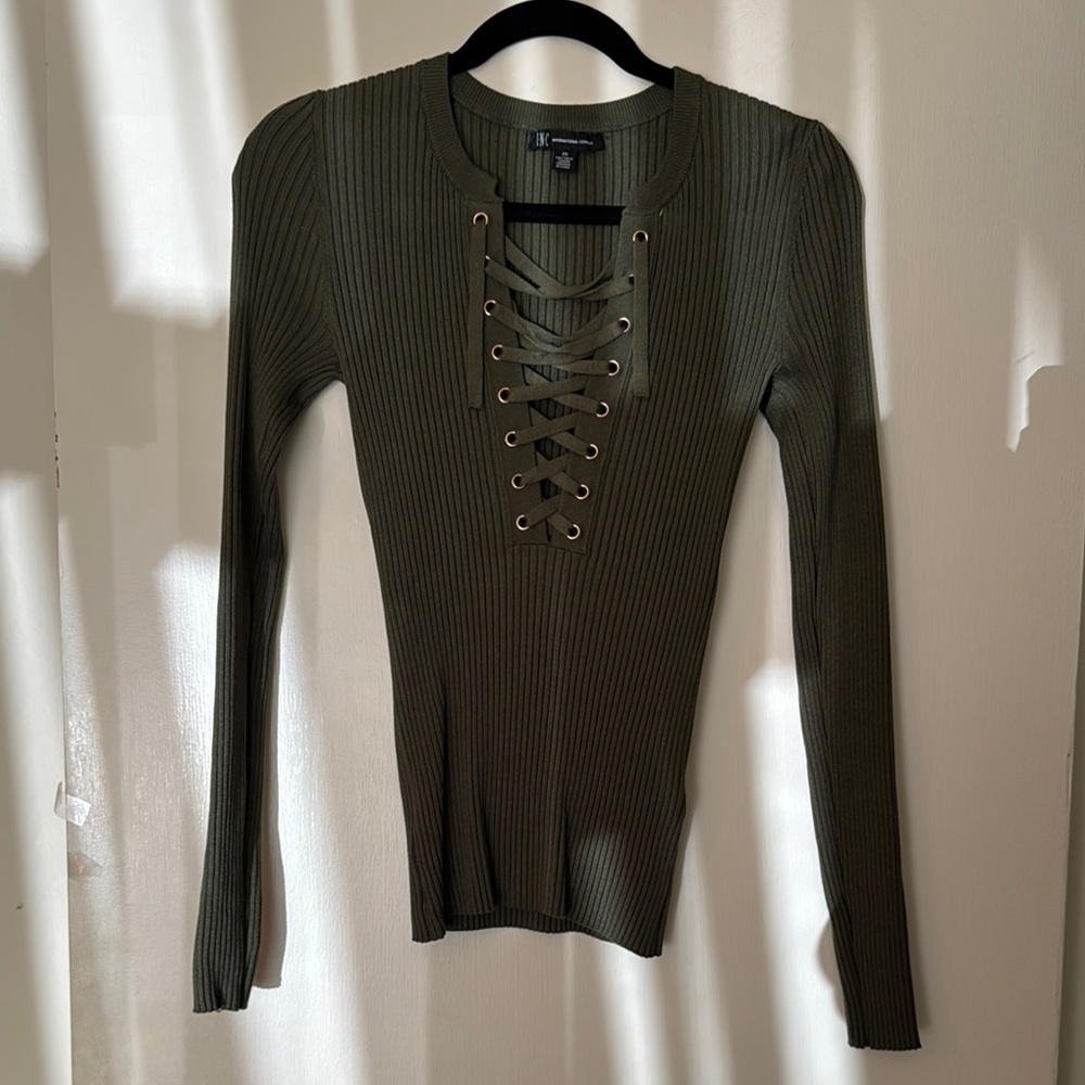Ribbed Lace-Up Olive Green Top